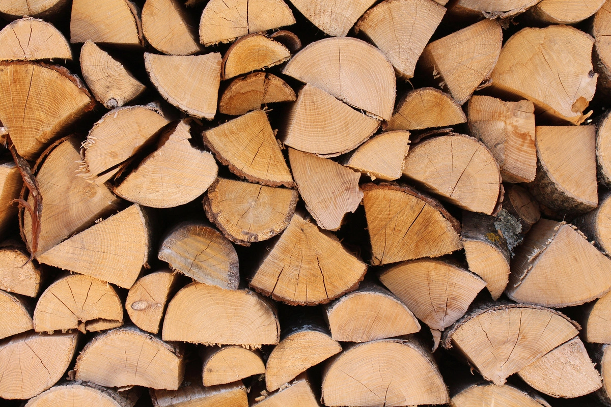 Bûches de bois de chauffage empilées, montrant des coupes transversales de bois sec prêtes à être utilisées pour le chauffage.