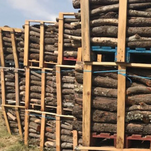 Palettes de bois de chauffage empilées, contenant des bûches de bois sec prêtes à l'emploi, attachées avec des sangles pour un stockage sécurisé.